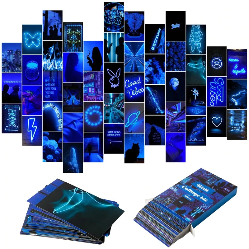 50Pcs Blue Neon Aesthetic Pictures Wall Collage