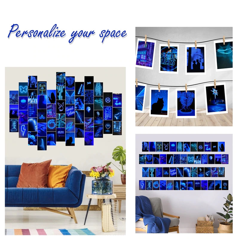 50Pcs Blue Neon Aesthetic Pictures Wall Collage